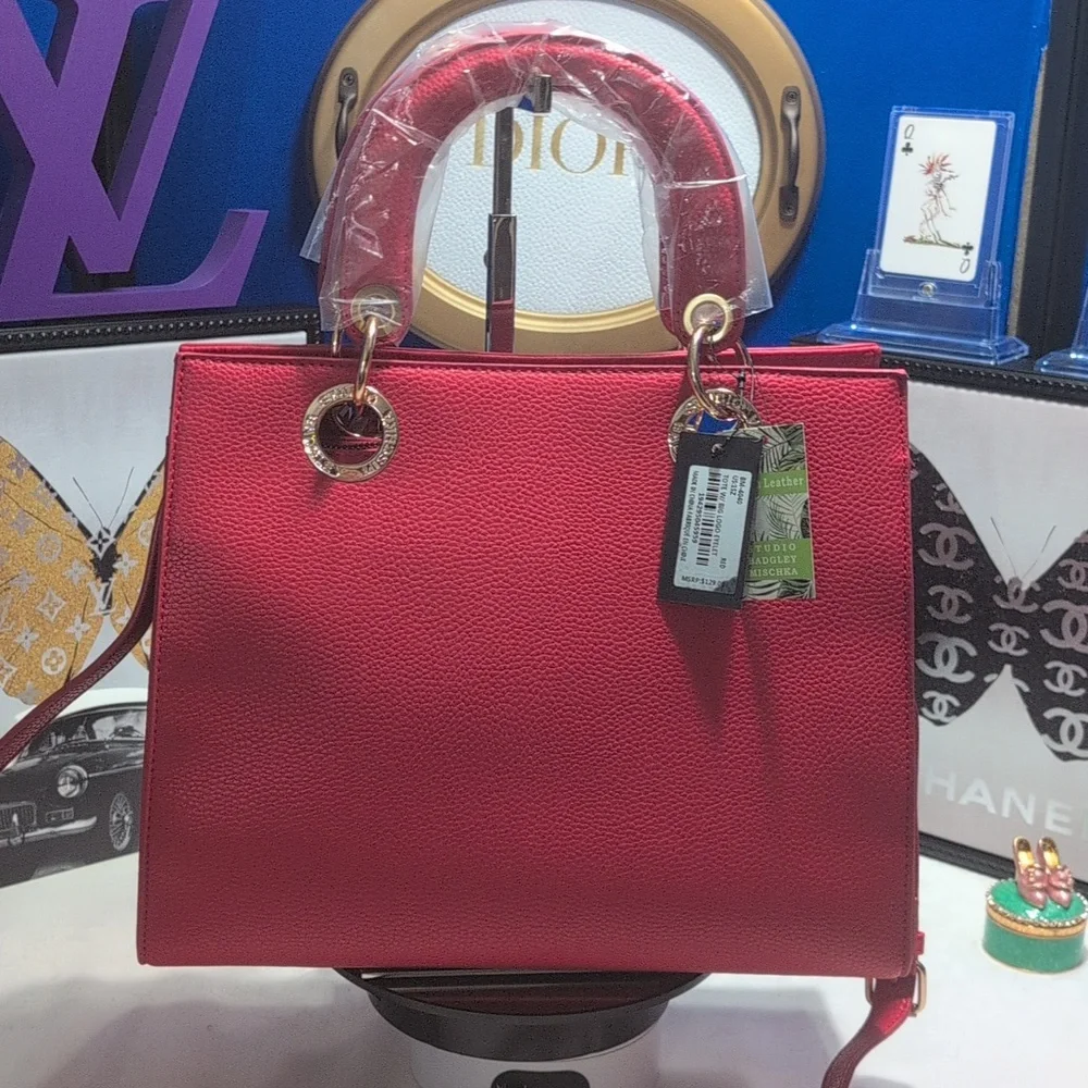 Badgley Mischka STUDIO Red Pebbled Vegan Leather Logo Eyelet Tote/Crossbody NEW!